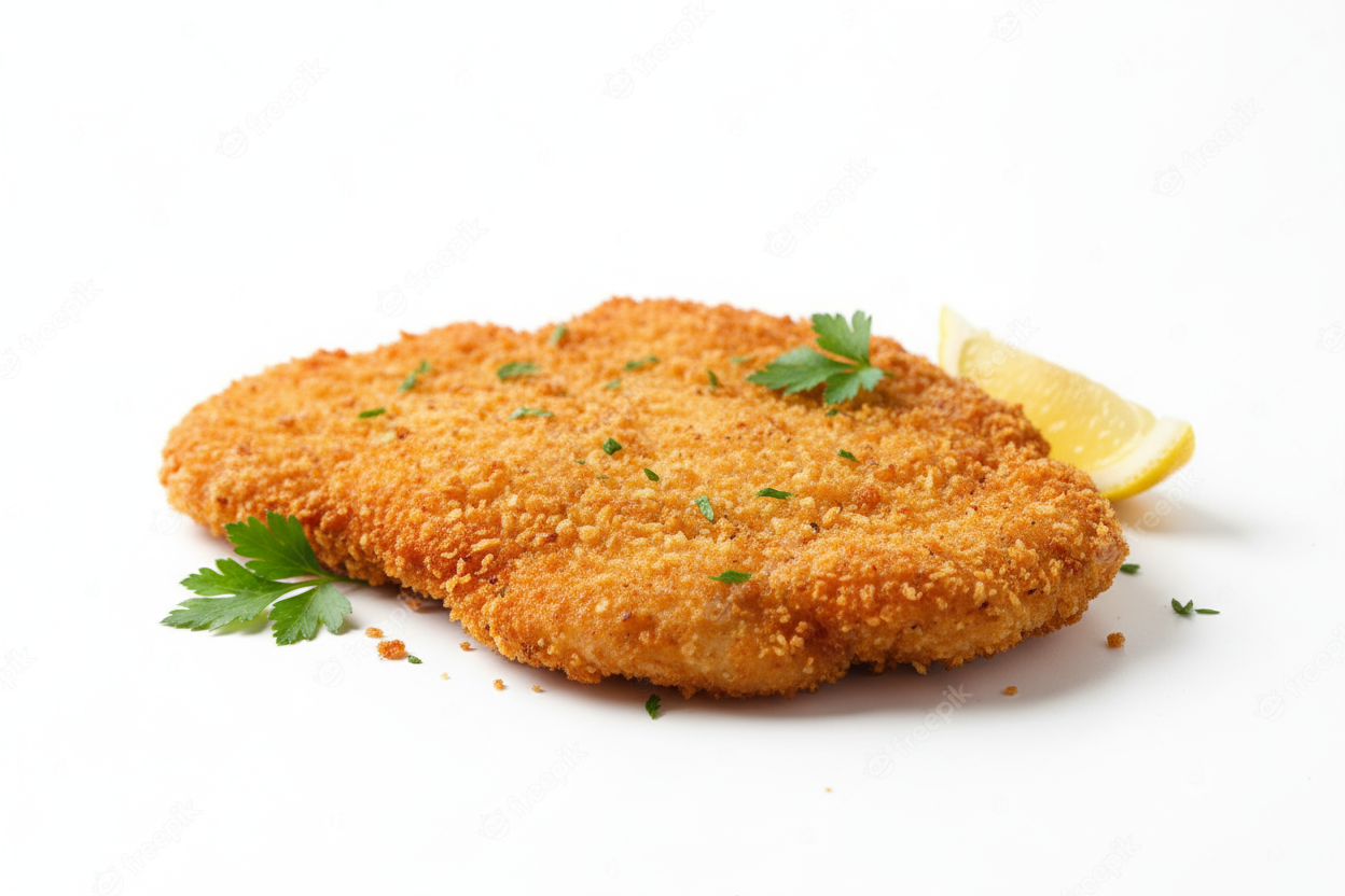 crumbed chicken schnitzel with a white studio backgroun