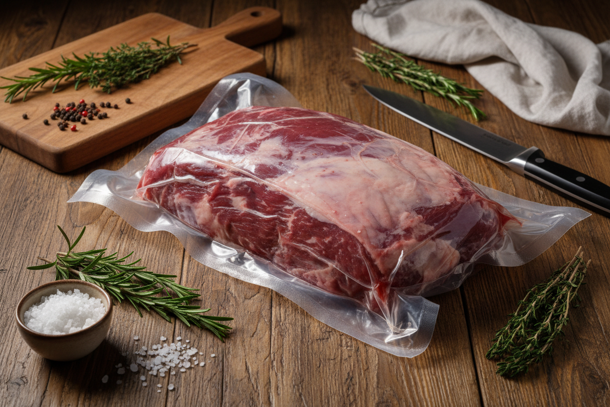 generate a image of a whole rump with the rump cap on. Vacuum Packed and showing details of wet aged. place it on a resturant table top with relevant decor around it with good lighting